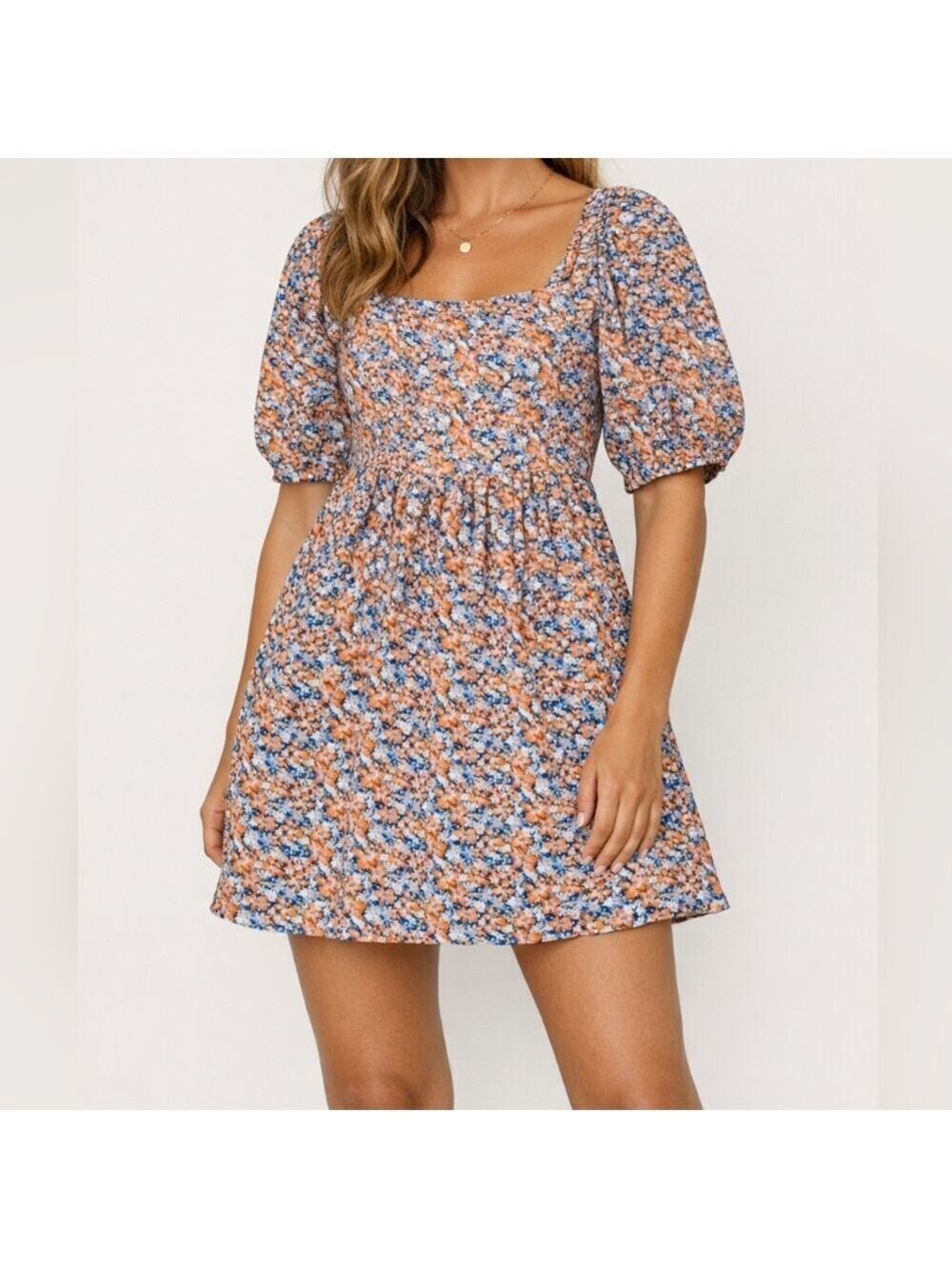 XS • Code X Mode • Puff Sleeve Floral Mini Dress – Orange, Blue & Cream